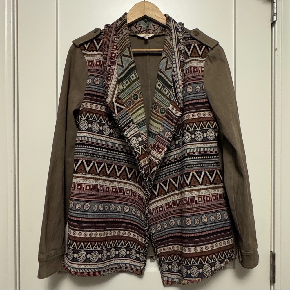 Mystree Olive Utility Mixed-media Jacket with Multicolor Panels Cinch Back Med